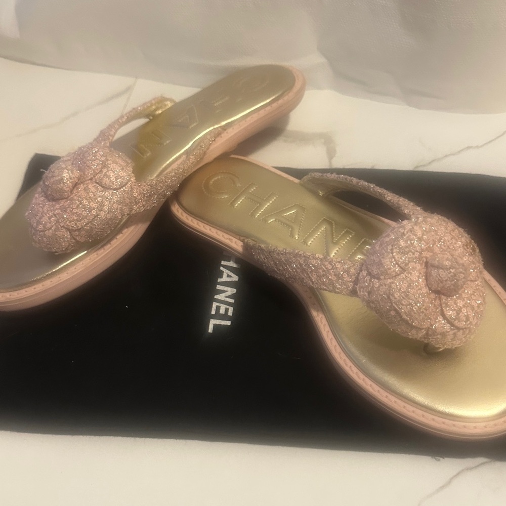 CHANEL Pink Glitter Sandals - Picture 1 of 4